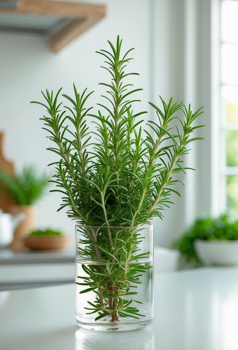 A fresh rosemary plant growing indoors in a clear glass container filled with water on a kitchen countertop with natural light.