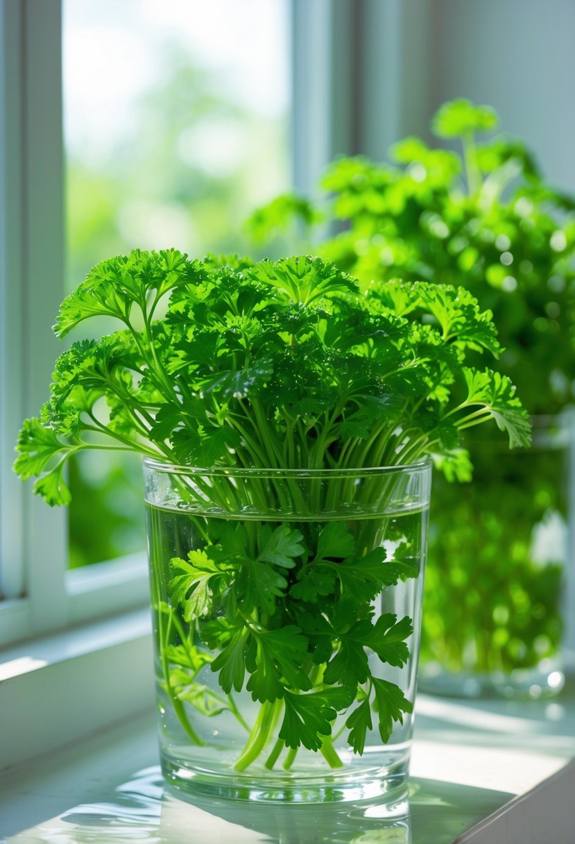 Fresh green parsley growing in a glass container filled with water on a bright windowsill indoors.