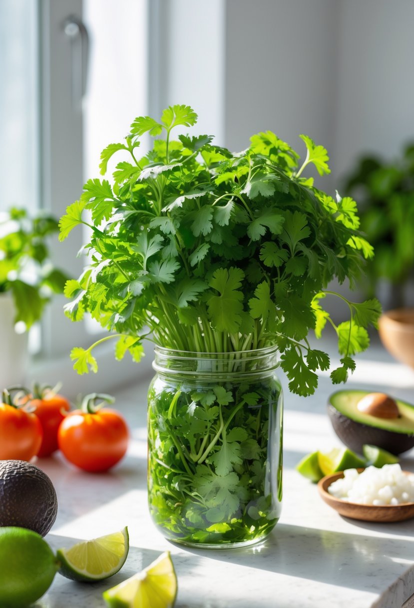 A fresh cilantro plant growing in a glass jar of water on a kitchen countertop with tomatoes, avocados, and lime nearby.