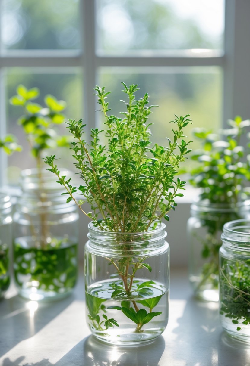 A healthy thyme plant growing in a glass container with water on a sunny windowsill, surrounded by other herbs in glass jars.