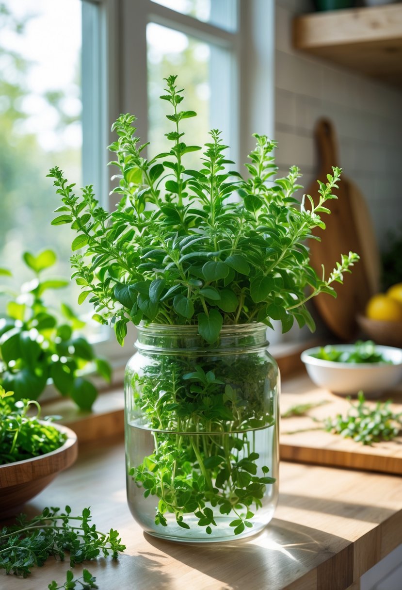 Fresh oregano growing in a glass jar of water on a kitchen windowsill with sunlight and kitchen items around.