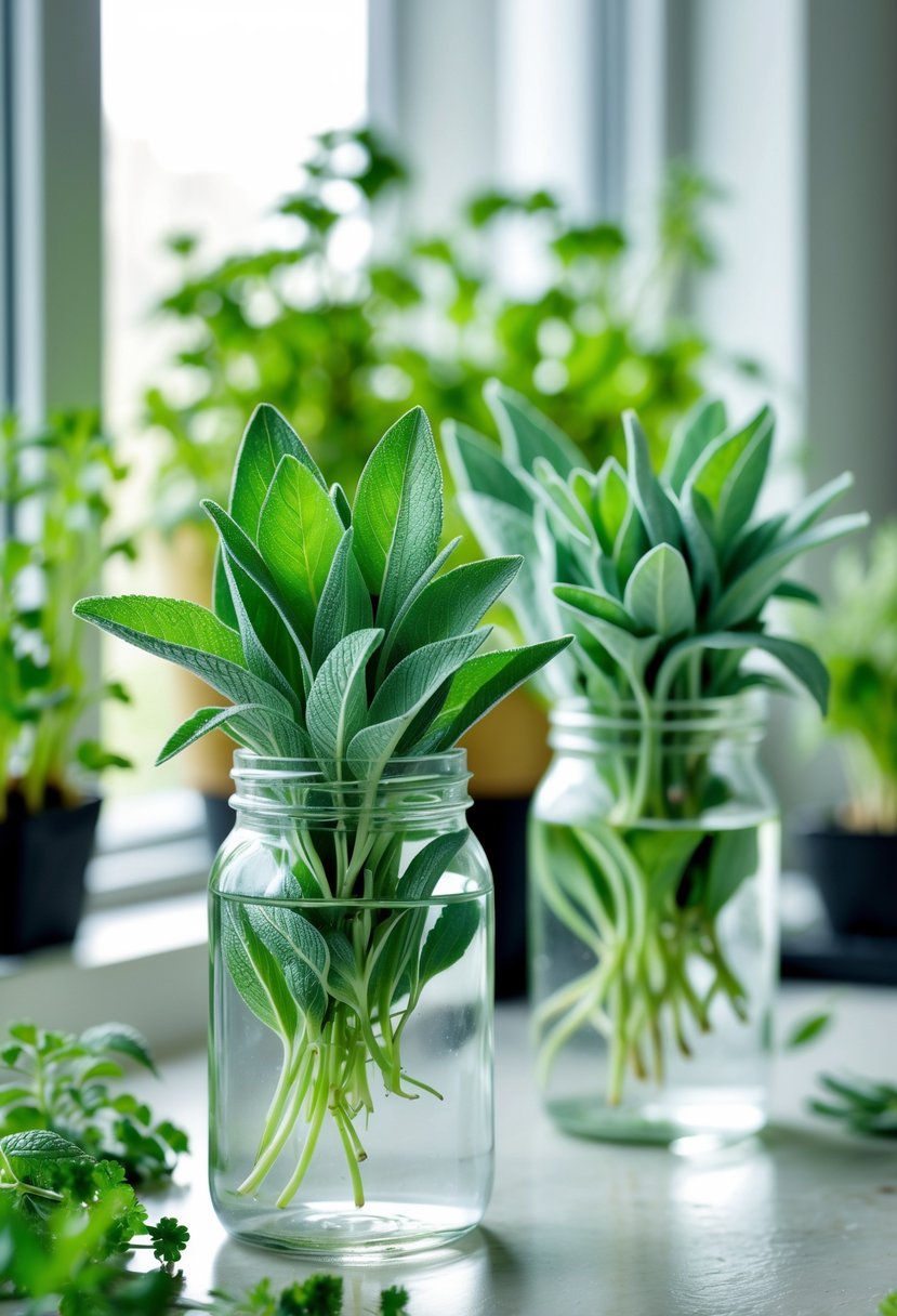Fresh sage plants growing in clear glass jars filled with water on a bright indoor windowsill.