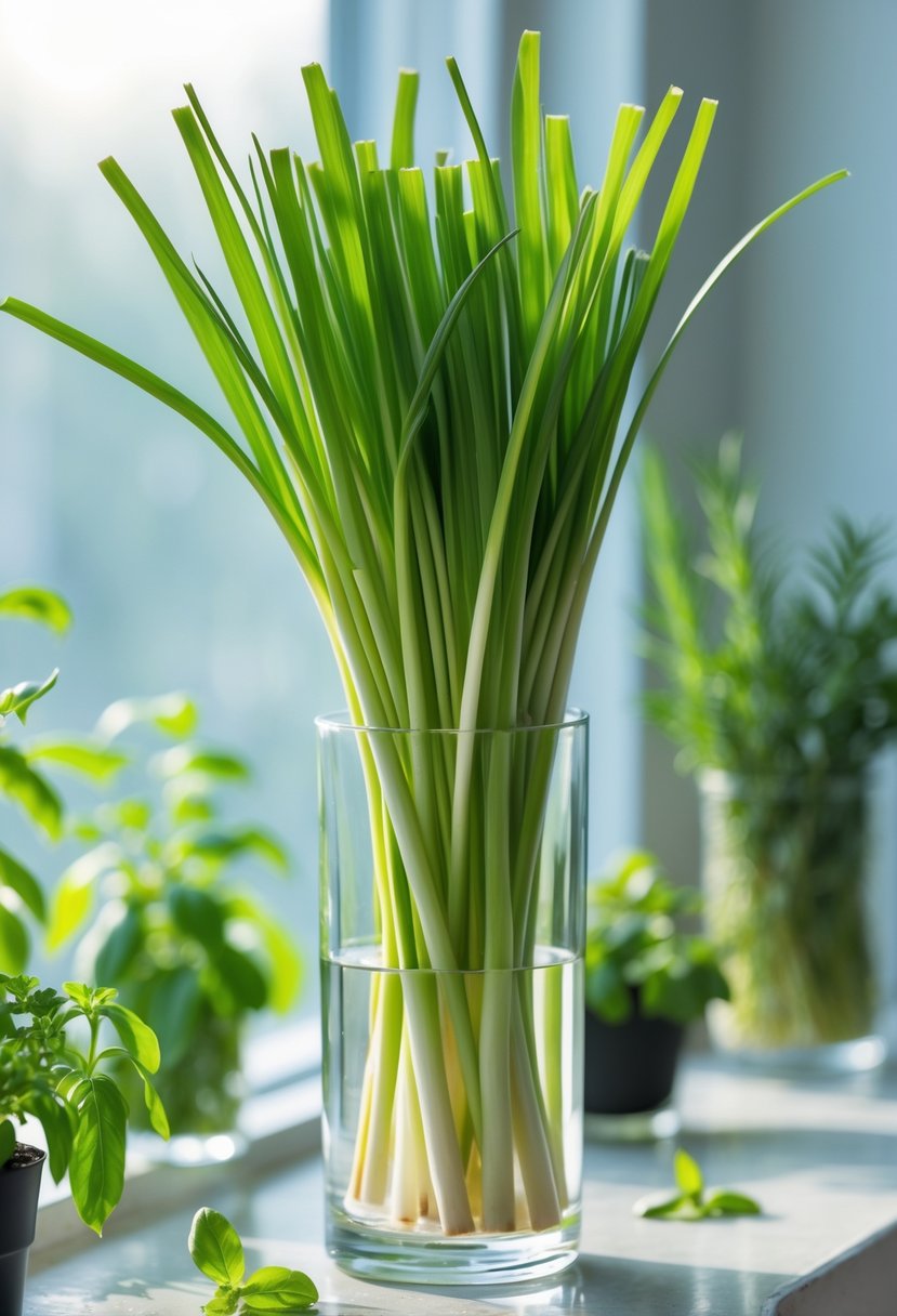 Fresh lemongrass stalks growing in a glass vase of water indoors, surrounded by other herbs on a windowsill.