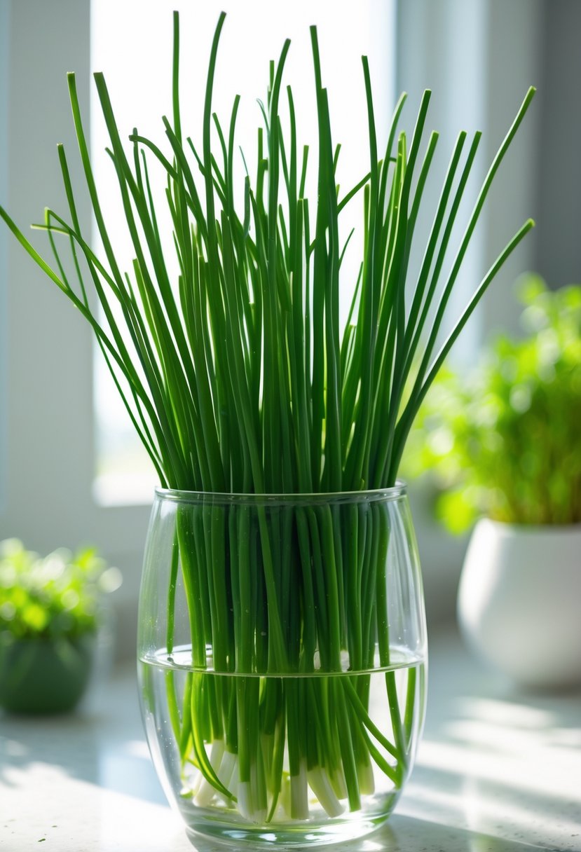 Fresh green chives growing in a glass container filled with water on a bright kitchen countertop.