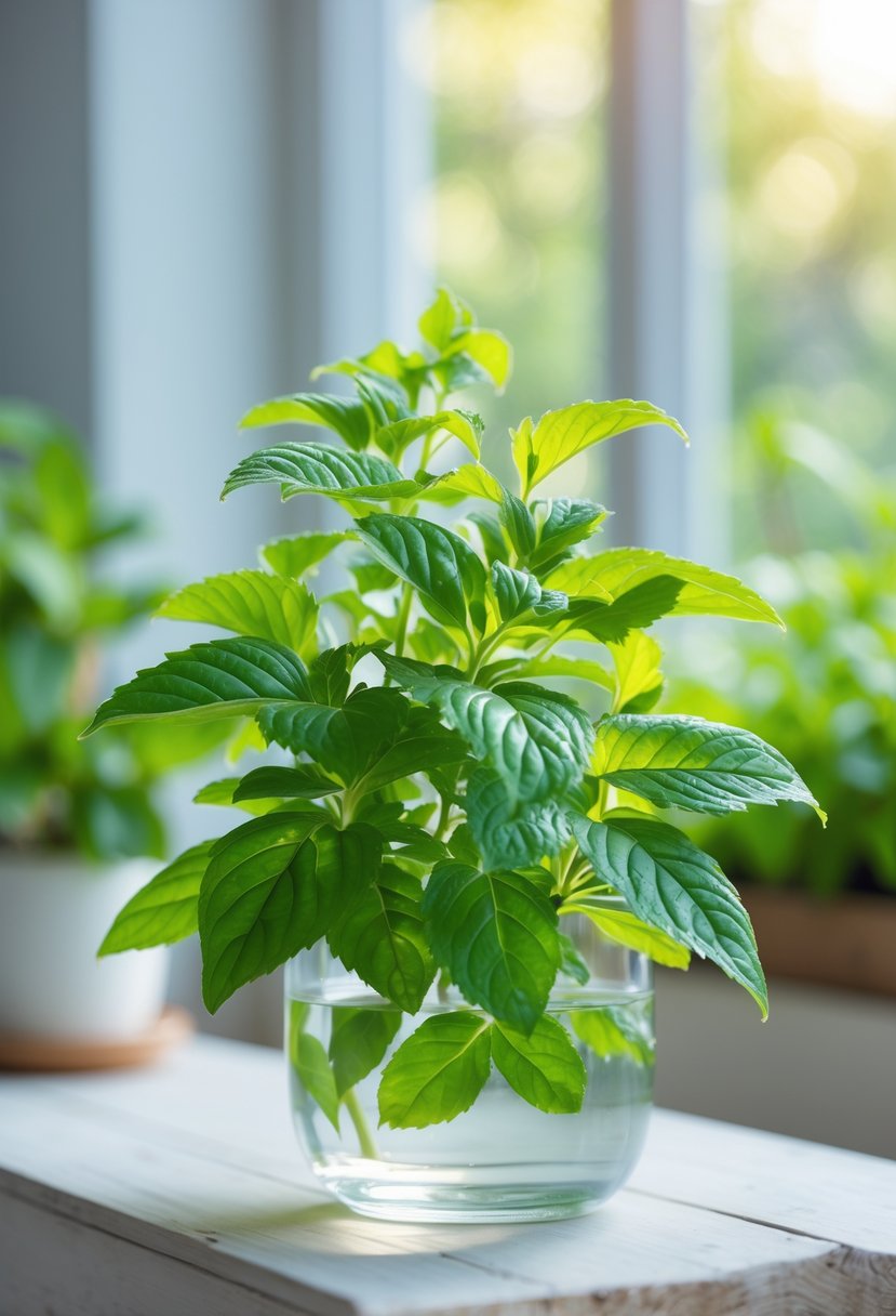 A lemon balm plant growing indoors in a glass container filled with water on a wooden surface near a sunlit window.