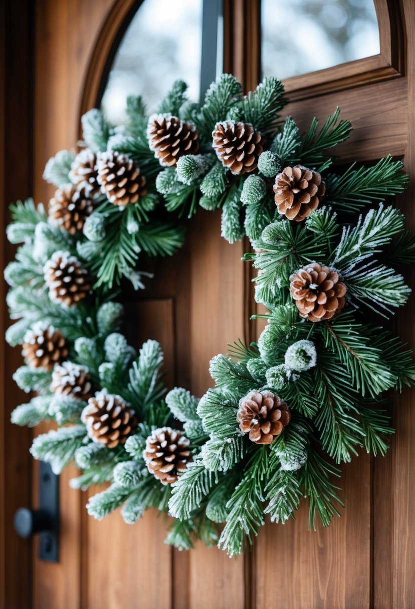A frosted evergreen wreath with pinecones hanging on a wooden front door.