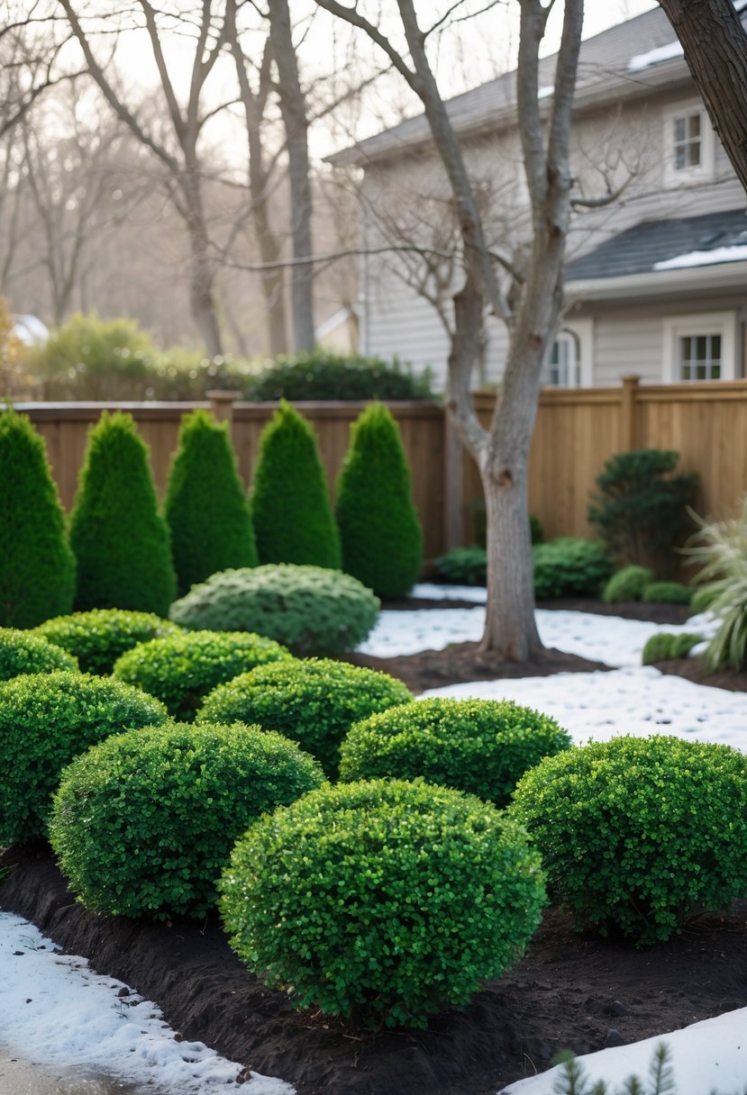 Backyard winter garden with green boxwood shrubs planted among bare trees and light snow on the ground.