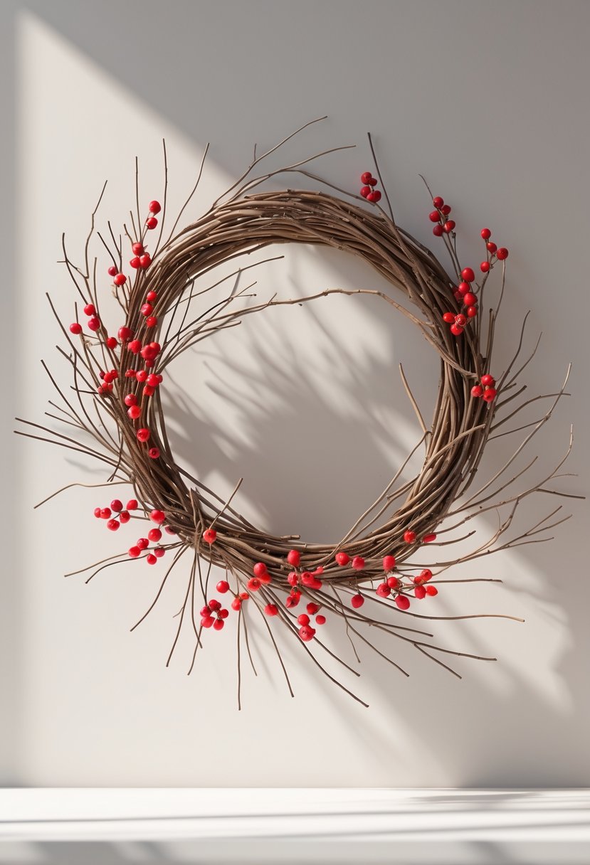 A simple twig and red berry wreath hanging against a plain background.