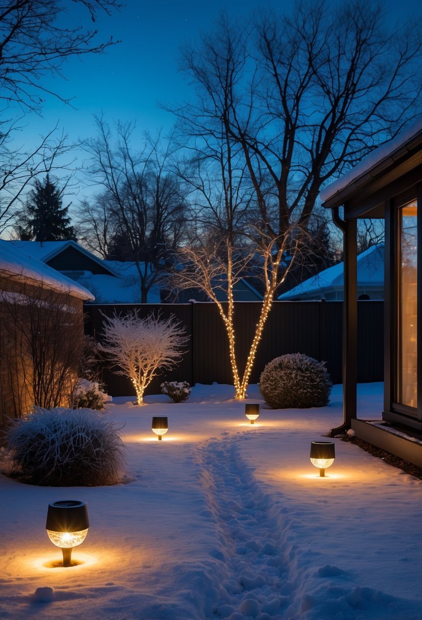 A backyard in winter at dusk with snow-covered plants and solar-powered garden lights glowing along a garden path.