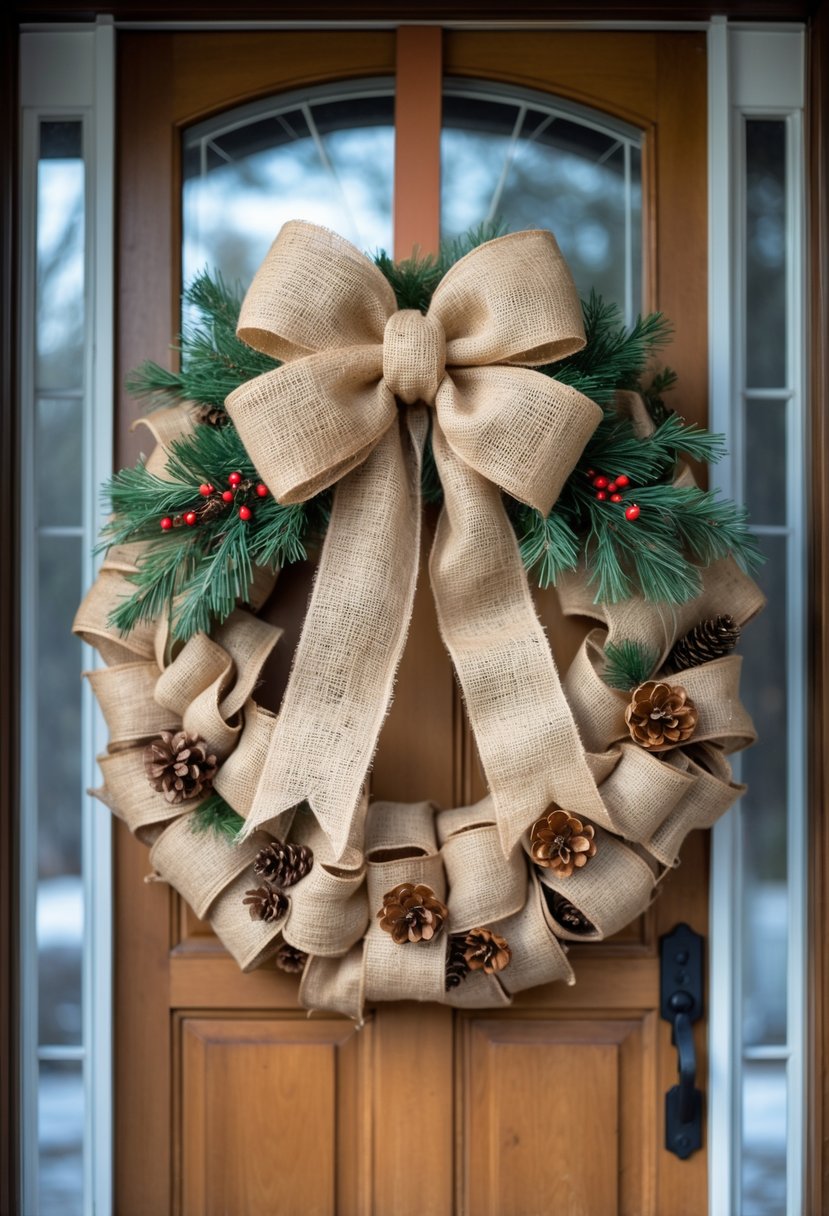 A front door decorated with a rustic burlap bow wreath featuring pine cones, red berries, and evergreen sprigs.