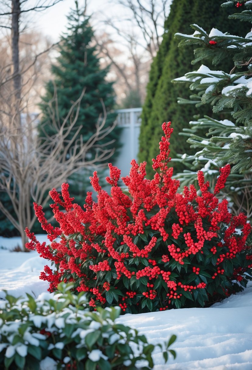 A snowy backyard landscape with bright red winterberry holly bushes surrounded by snow-covered trees and ground.