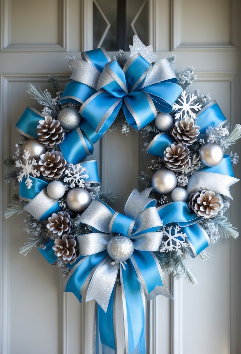 A winter wreath decorated with blue and silver ribbons, pinecones, and silver ornaments hanging on a front door.
