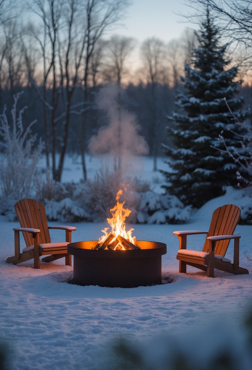 A backyard fire pit surrounded by Adirondack chairs with snow on the ground and trees in the background.