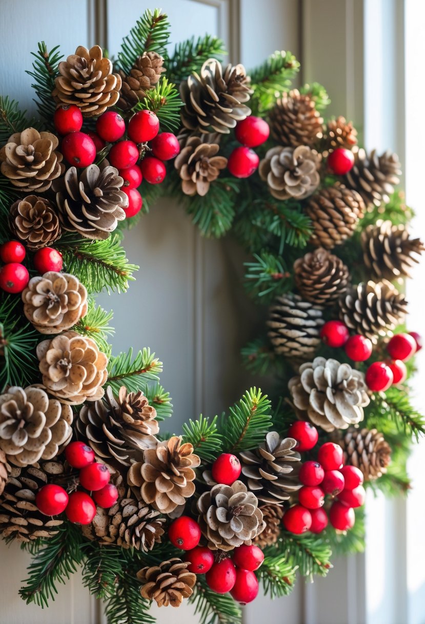 A winter wreath made of pinecones and red cranberries displayed against a neutral background.