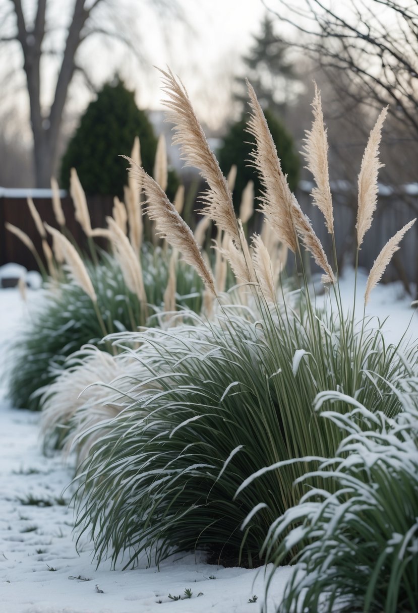 A winter backyard scene with ornamental grasses covered lightly in snow, surrounded by bare trees and a soft winter sky.