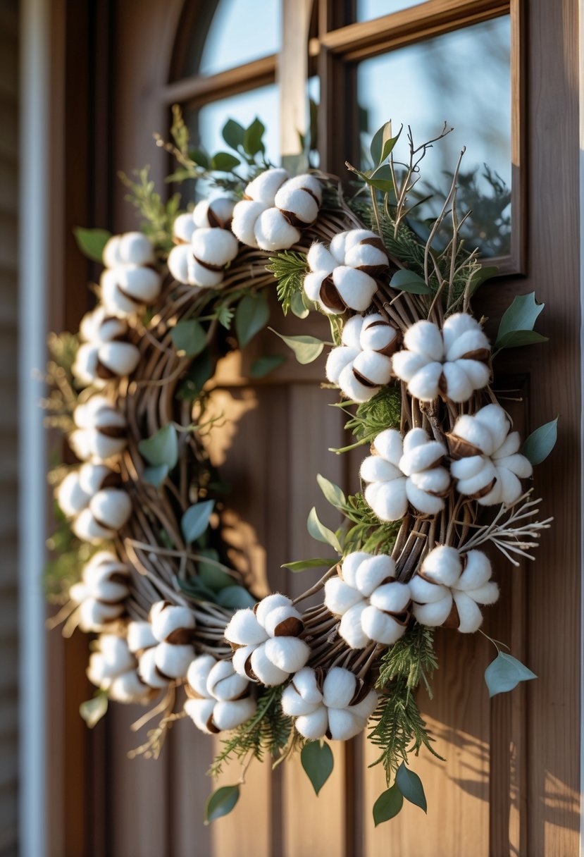 A cotton stem wreath hanging on a wooden front door with natural light.