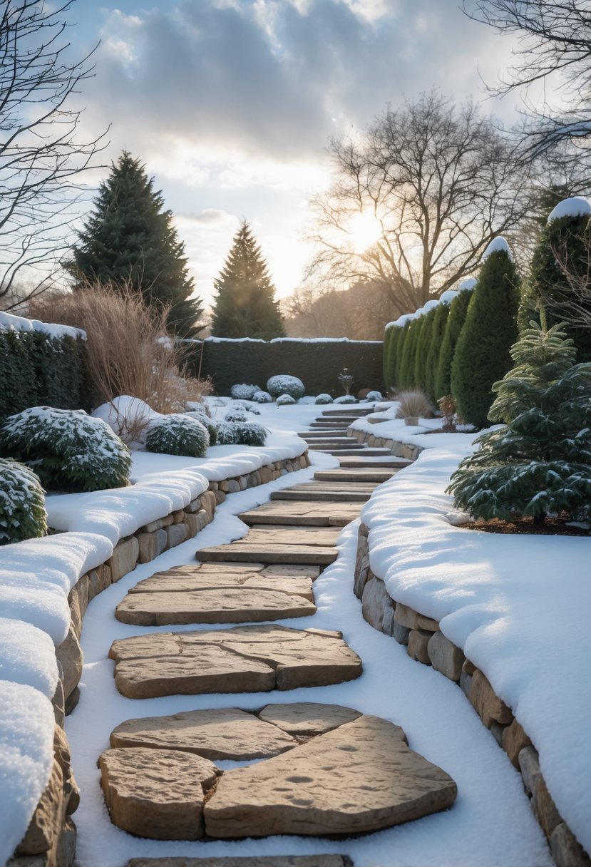 A backyard in winter with stone pathways winding through snow-covered ground and surrounded by trees and shrubs.
