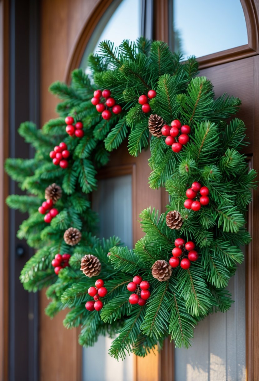 A classic winter wreath with red berries and green evergreen branches hanging on a wooden front door.