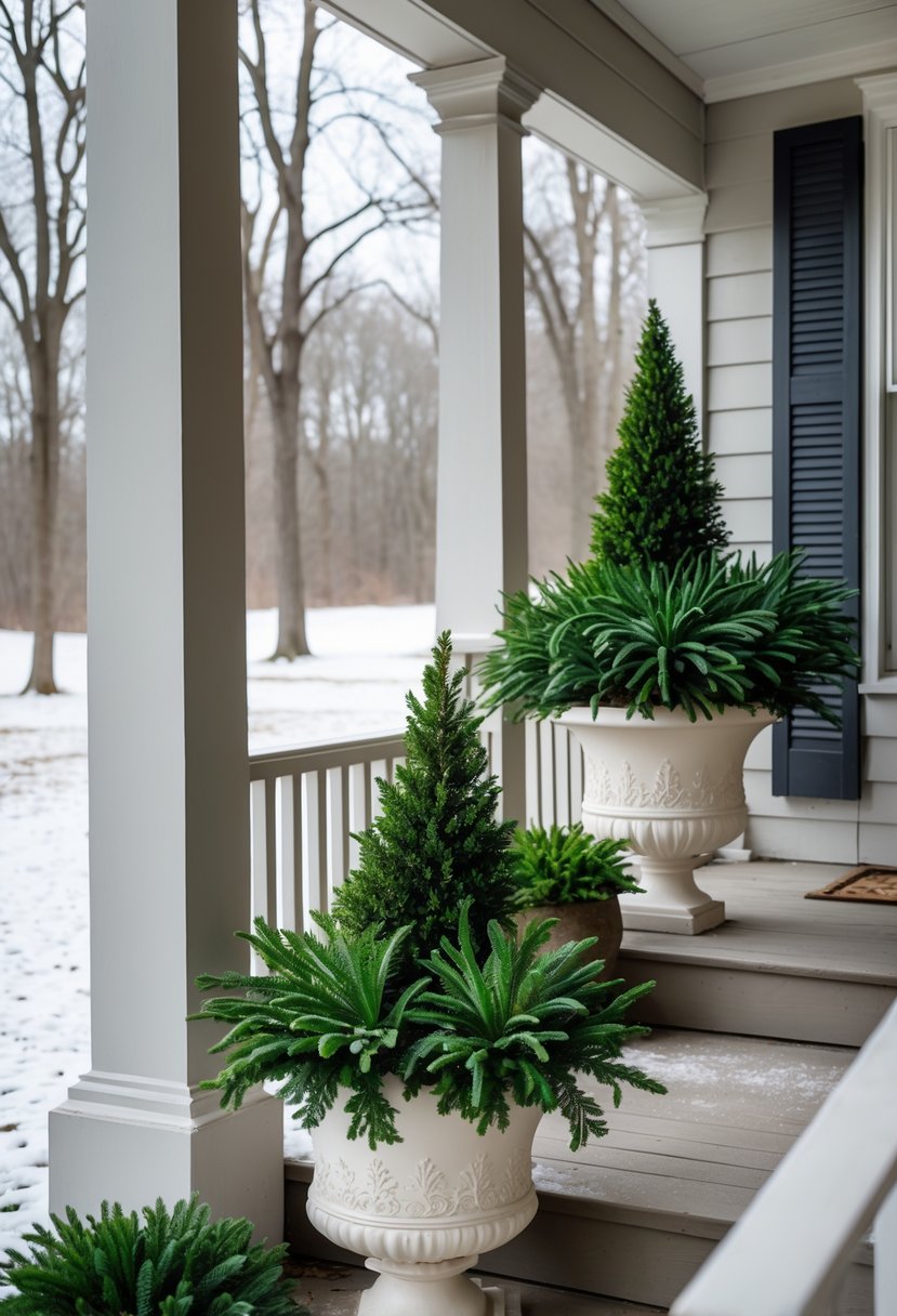 A porch with decorative planters holding dwarf conifers overlooking a snowy winter backyard.