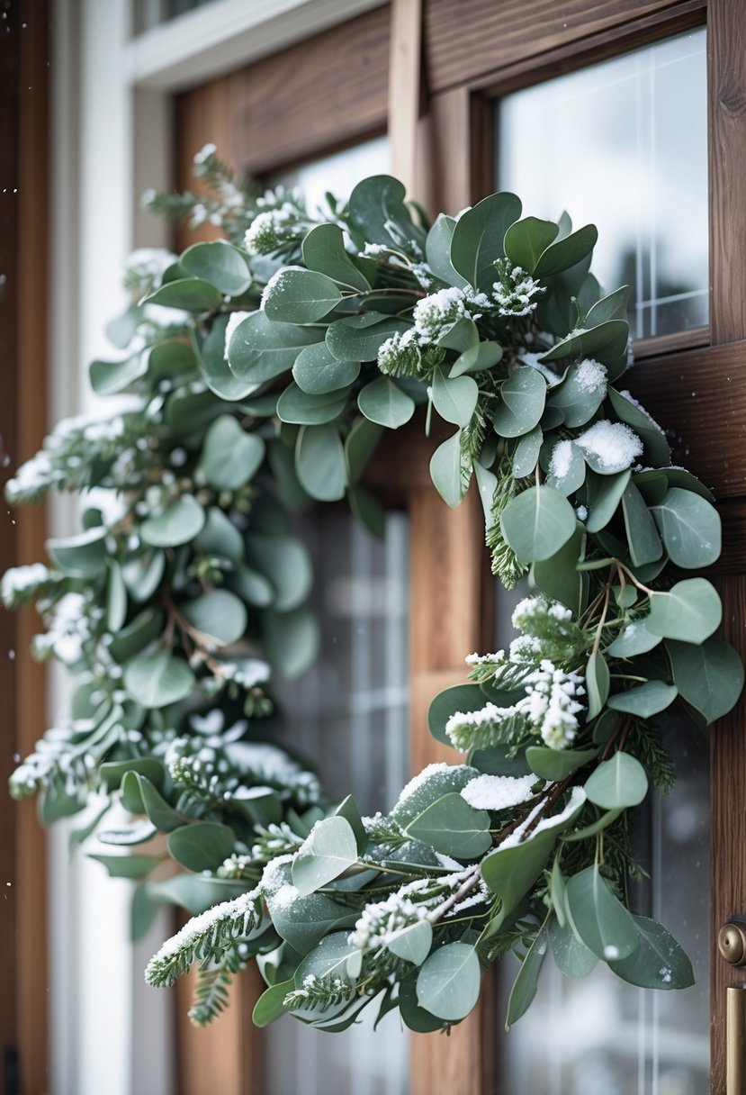 A snow-dusted eucalyptus wreath hanging on a wooden front door in winter.