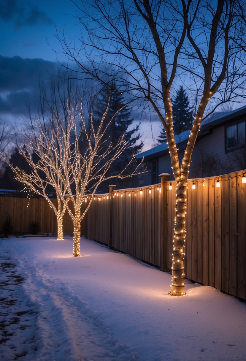 A winter backyard with fences and leafless trees decorated with glowing string lights over a snowy ground at dusk.