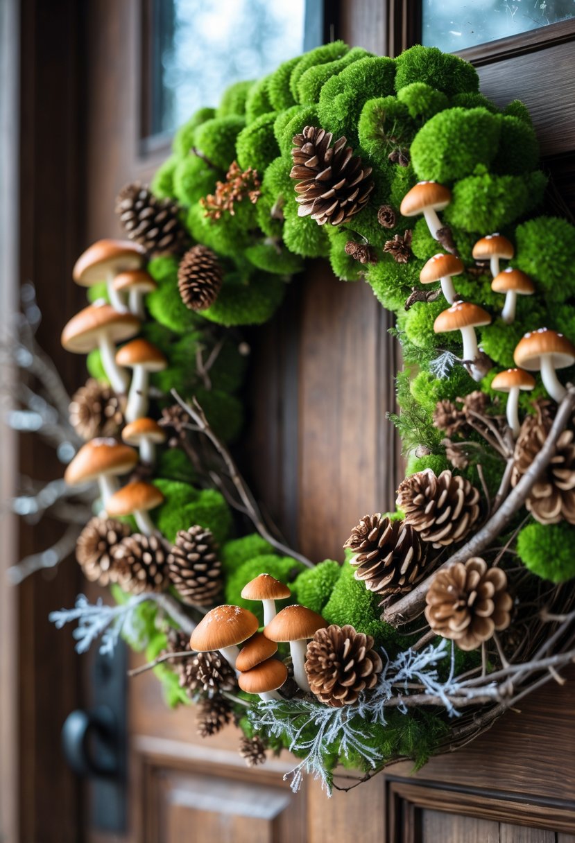 A circular wreath made of moss, mushrooms, pinecones, and twigs hanging on a wooden front door with a light dusting of snow.