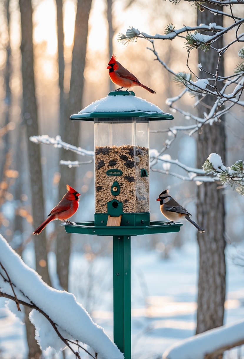 A snowy backyard with a bird feeder surrounded by snow-covered trees and several birds perched nearby.