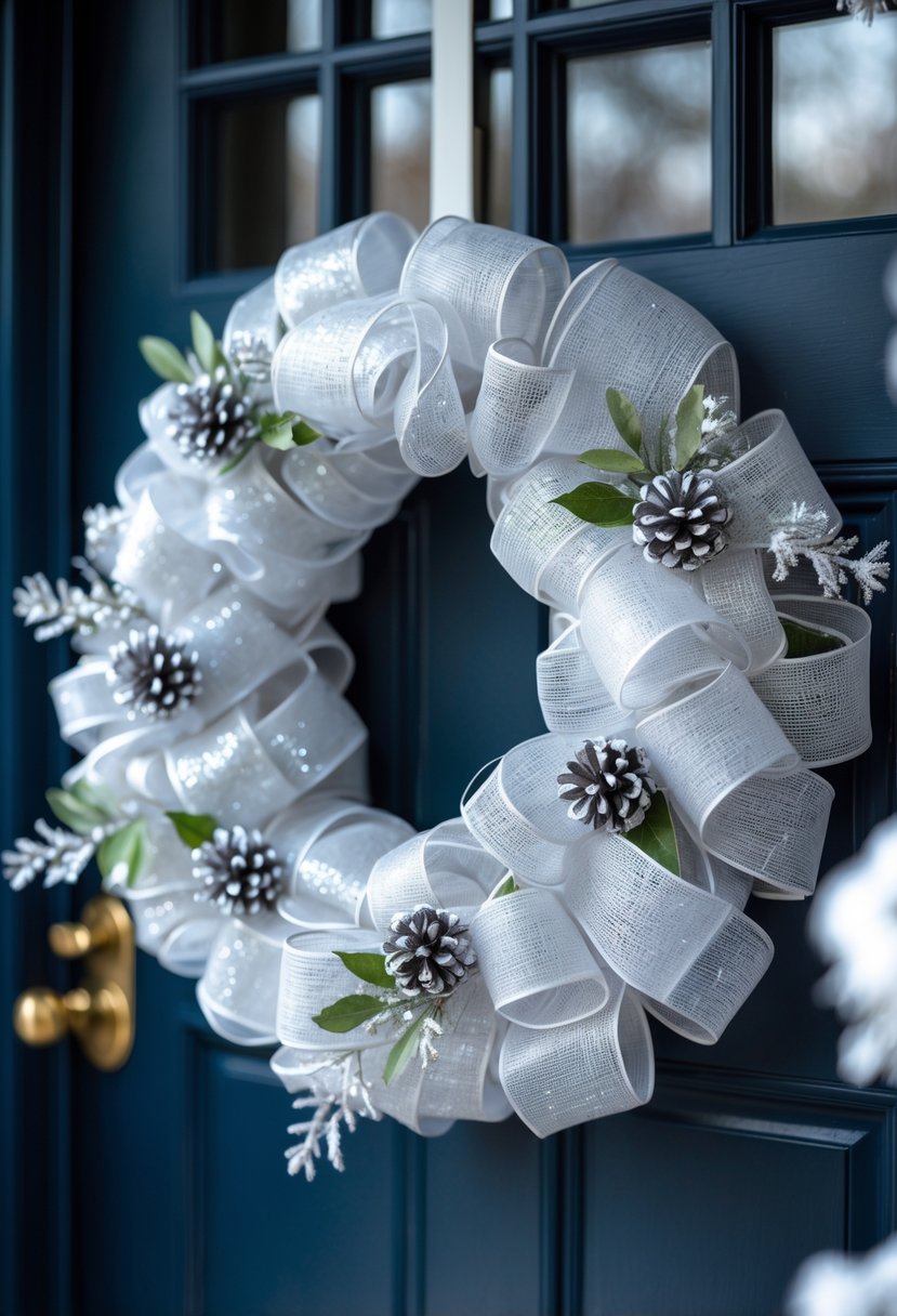 A white mesh ribbon wreath with silver pinecones and frosted berries hanging on a dark-colored front door.
