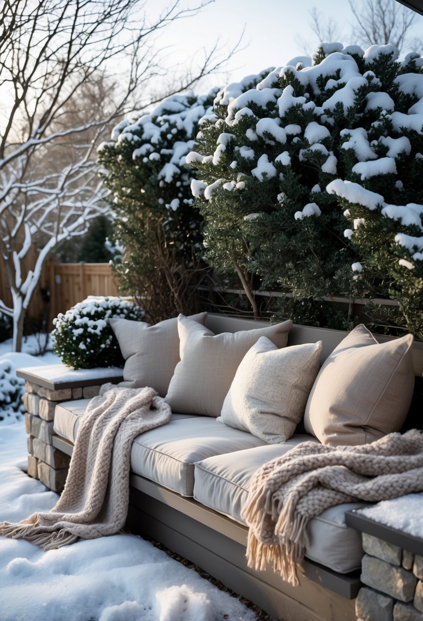 Outdoor seating nook with weatherproof cushions and blankets in a snowy winter backyard.