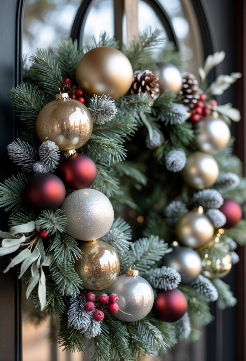 A close-up of a winter wreath made of pine branches, pinecones, and vintage glass ornaments hanging on a front door.