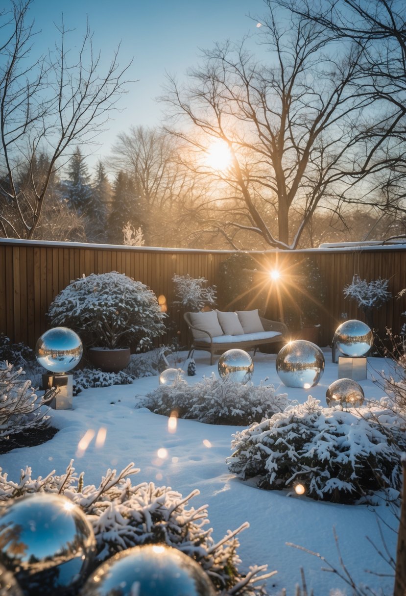 A winter backyard garden with snow-covered plants and reflective ornaments catching the low sun's warm light.