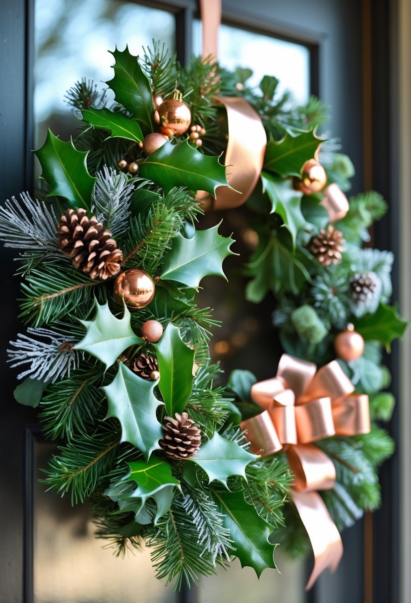 A winter wreath with green foliage and copper accents hanging on a front door.
