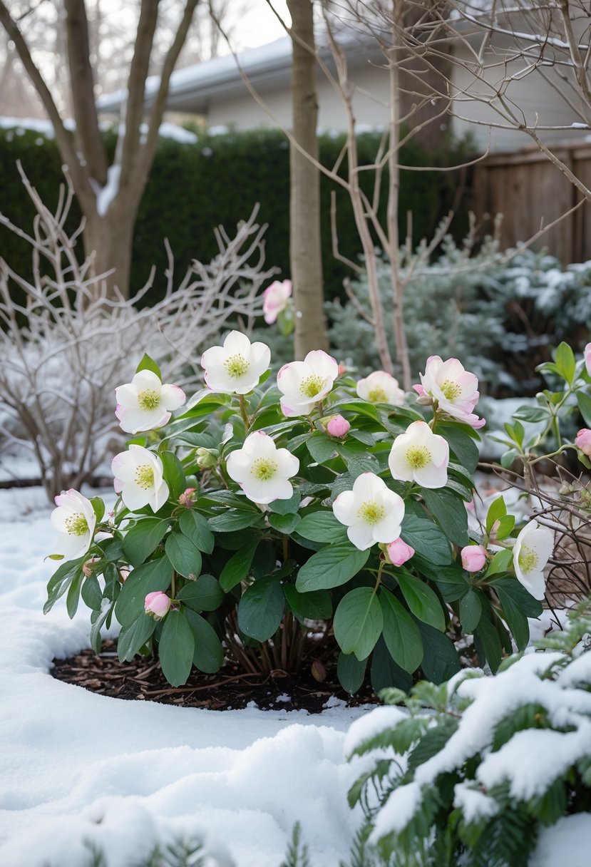 A winter backyard with blooming white and pale pink hellebore flowers surrounded by snow and frosted plants.