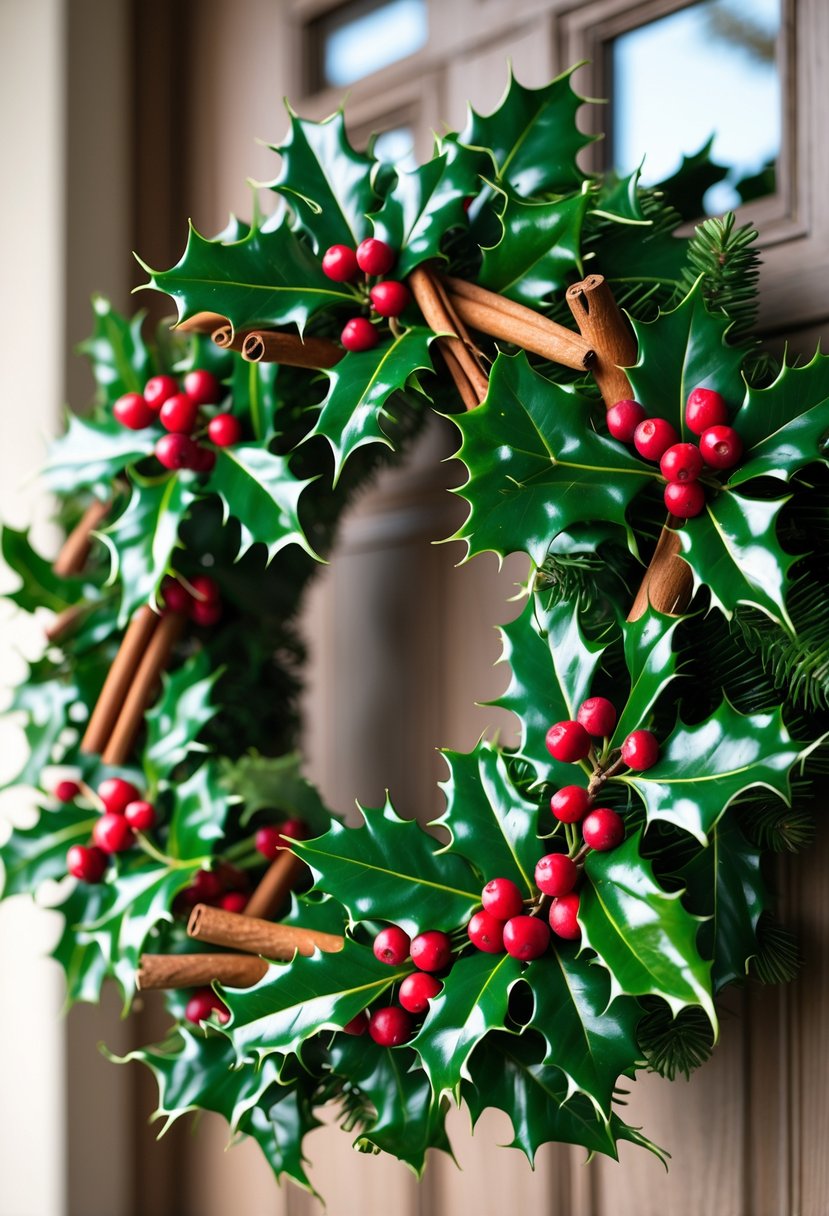 A circular winter wreath made of green holly leaves with red berries and cinnamon sticks.