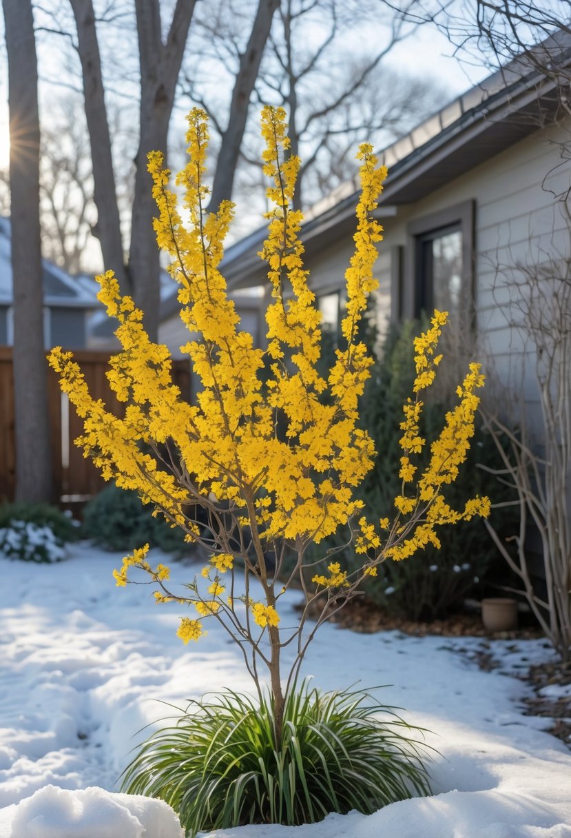 A backyard winter scene with a witch hazel plant displaying bright yellow flowers surrounded by snow and bare trees.