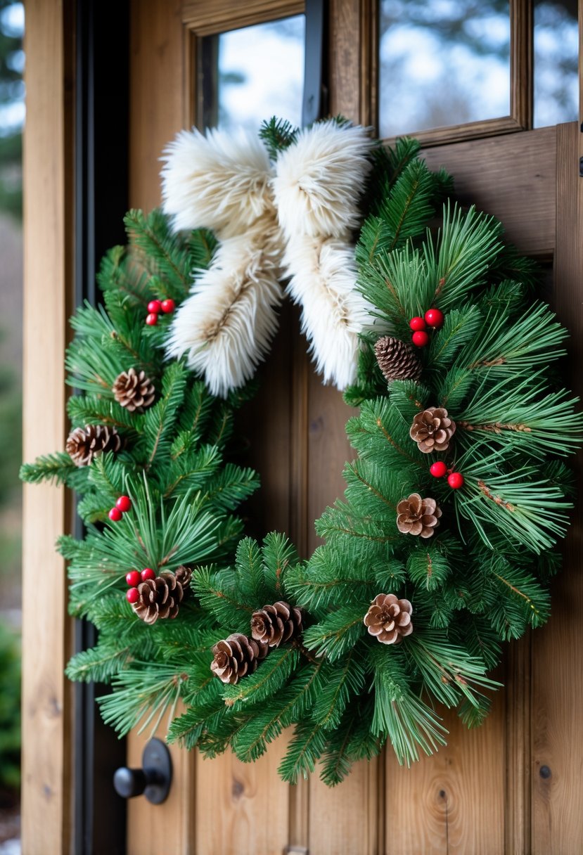 An evergreen wreath with white faux fur trim hanging on a wooden front door surrounded by winter greenery.