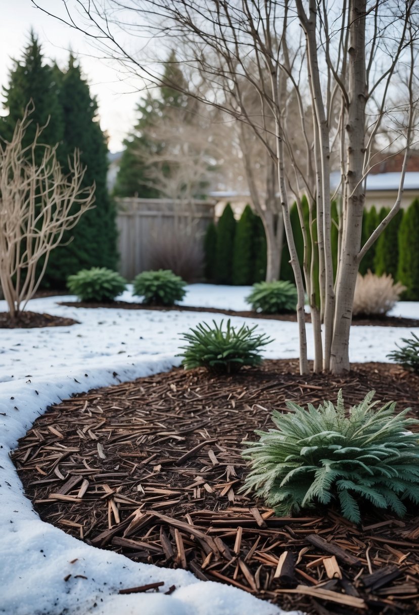 A winter backyard garden with dark bark mulch around plants and trees, light snow on the ground, and leafless trees in the background.