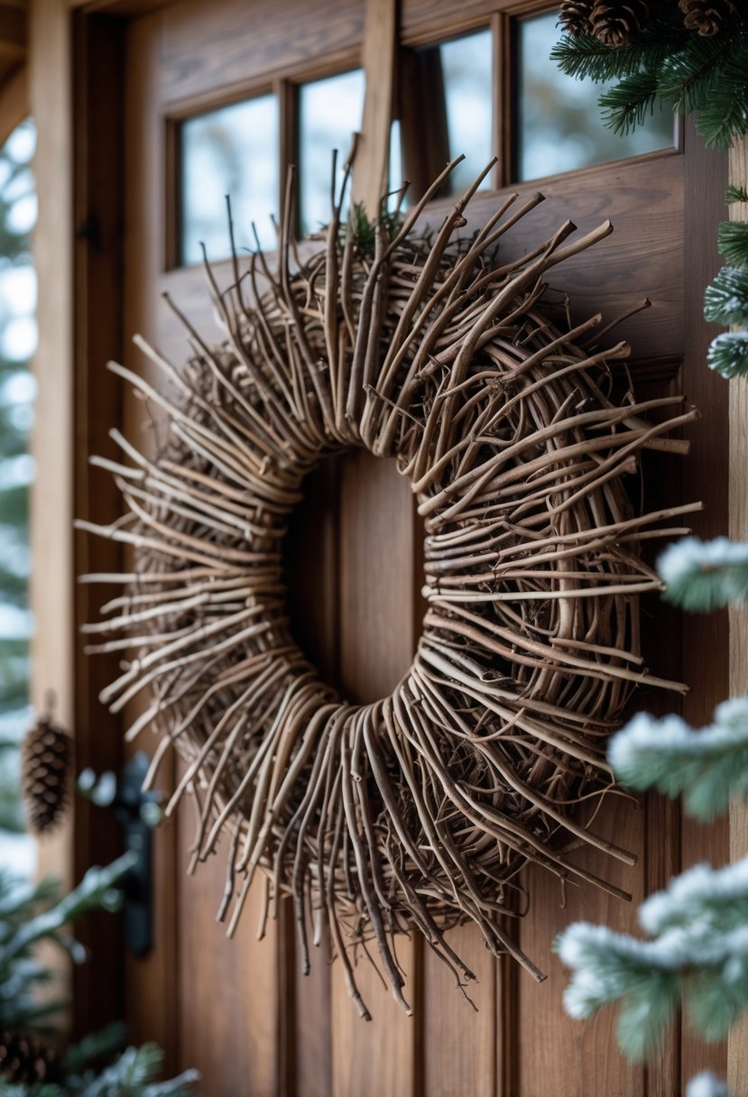 A natural twig starburst wreath hanging on a wooden front door with winter decorations around it.