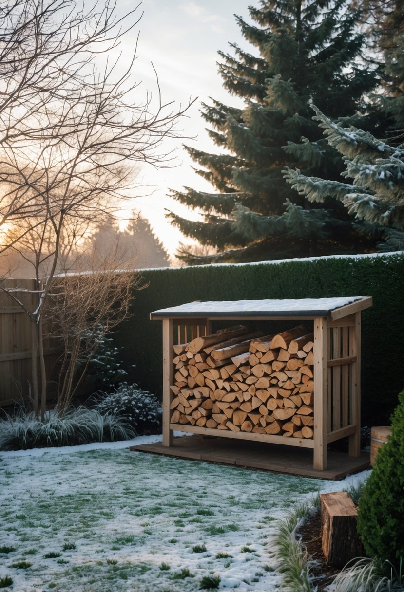 A backyard in winter with a wooden firewood rack filled with logs, surrounded by snow and evergreen trees.