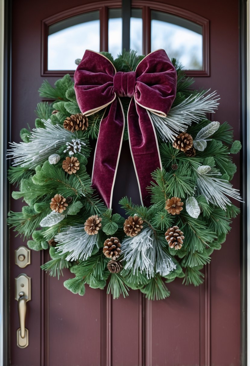 A winter wreath with a large velvet bow hanging on a front door decorated with pine branches and pinecones.
