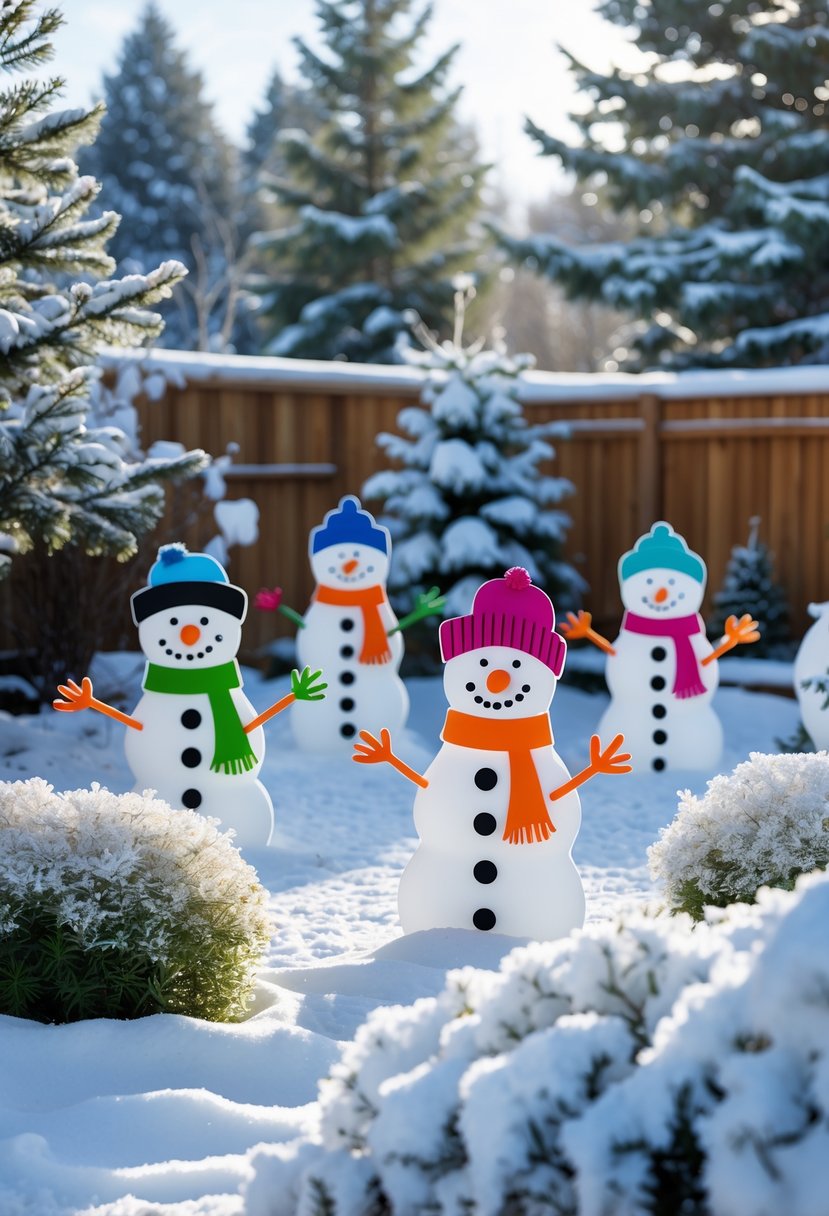 A snowy backyard garden with colorful snowman-shaped garden stakes among snow-covered plants and trees.