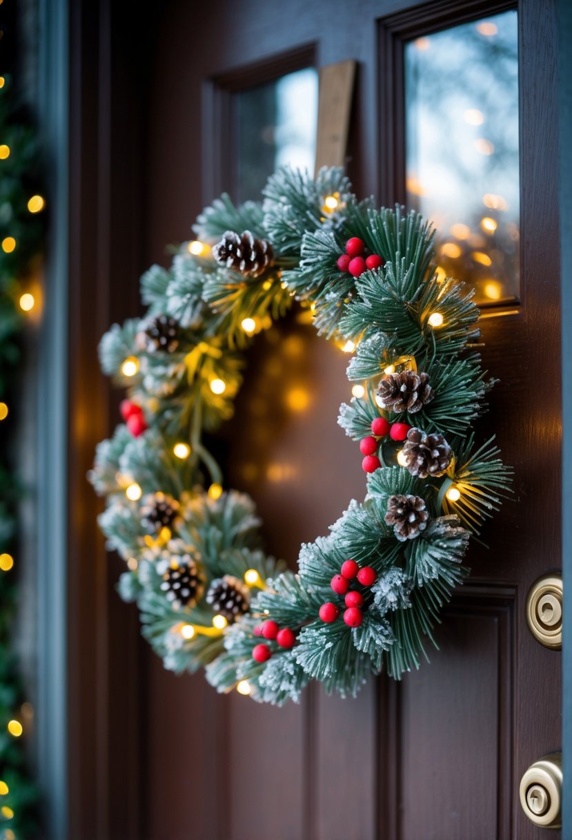 A small winter wreath with LED lights hanging on a wooden front door decorated with pine needles, pine cones, and red berries.