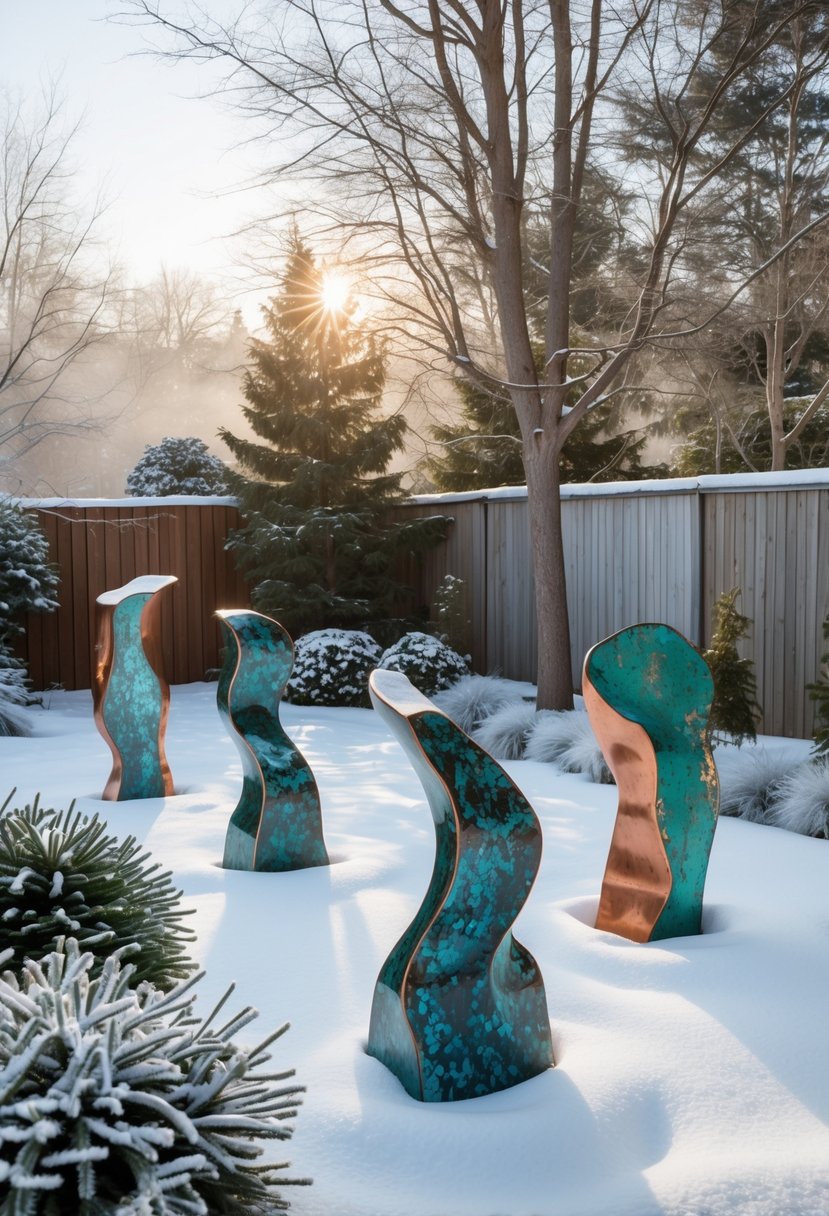 A snowy backyard in winter with copper and bronze sculptures covered in natural patinas among trees and shrubs.