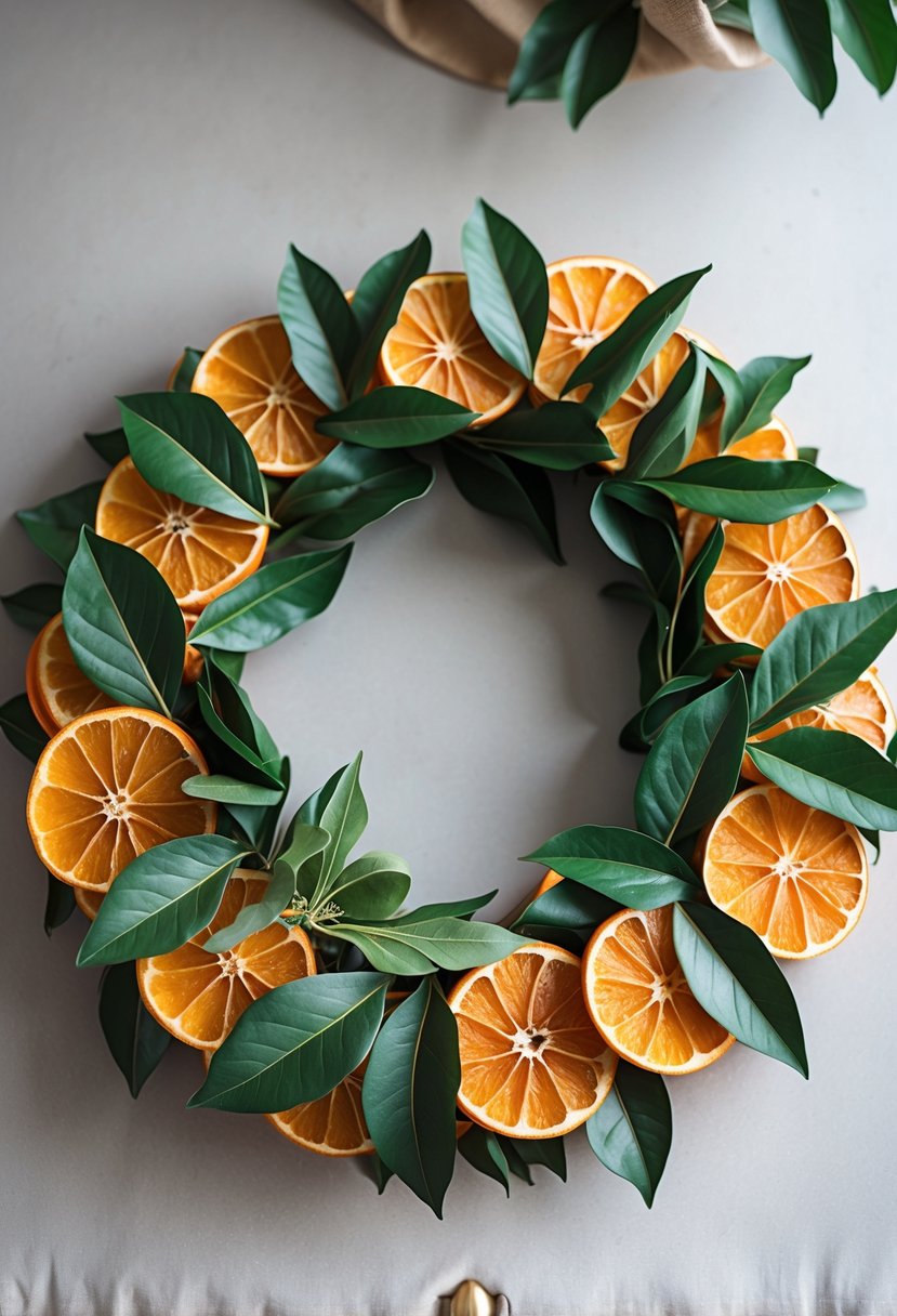 A circular wreath made of dried orange slices and bay leaves on a neutral background.