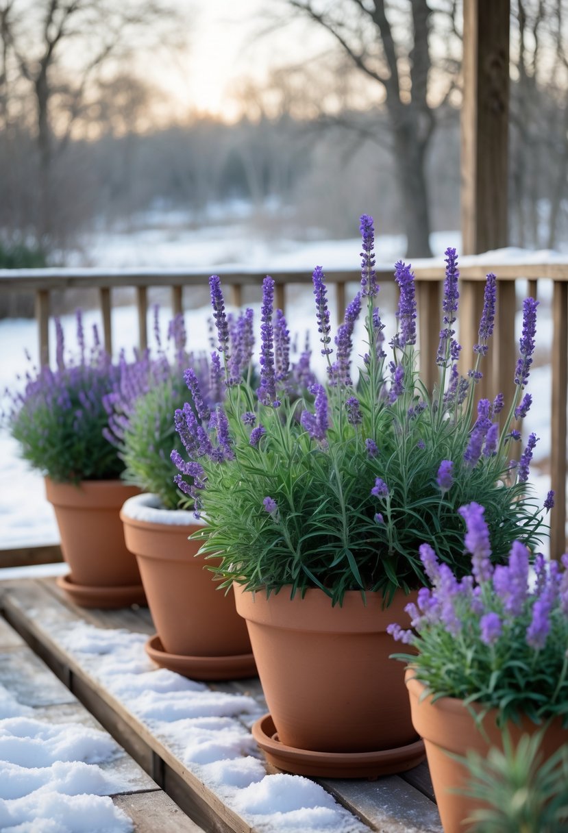 Winter backyard with terracotta pots of blooming lavender plants on a snow-dusted wooden deck and bare trees in the background.