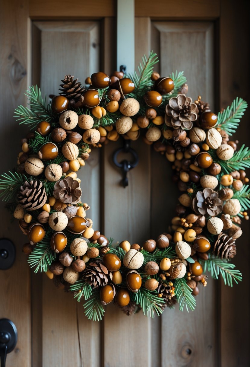 A circular wreath made of acorns, mixed nuts, pine cones, and evergreen sprigs hanging on a wooden door.