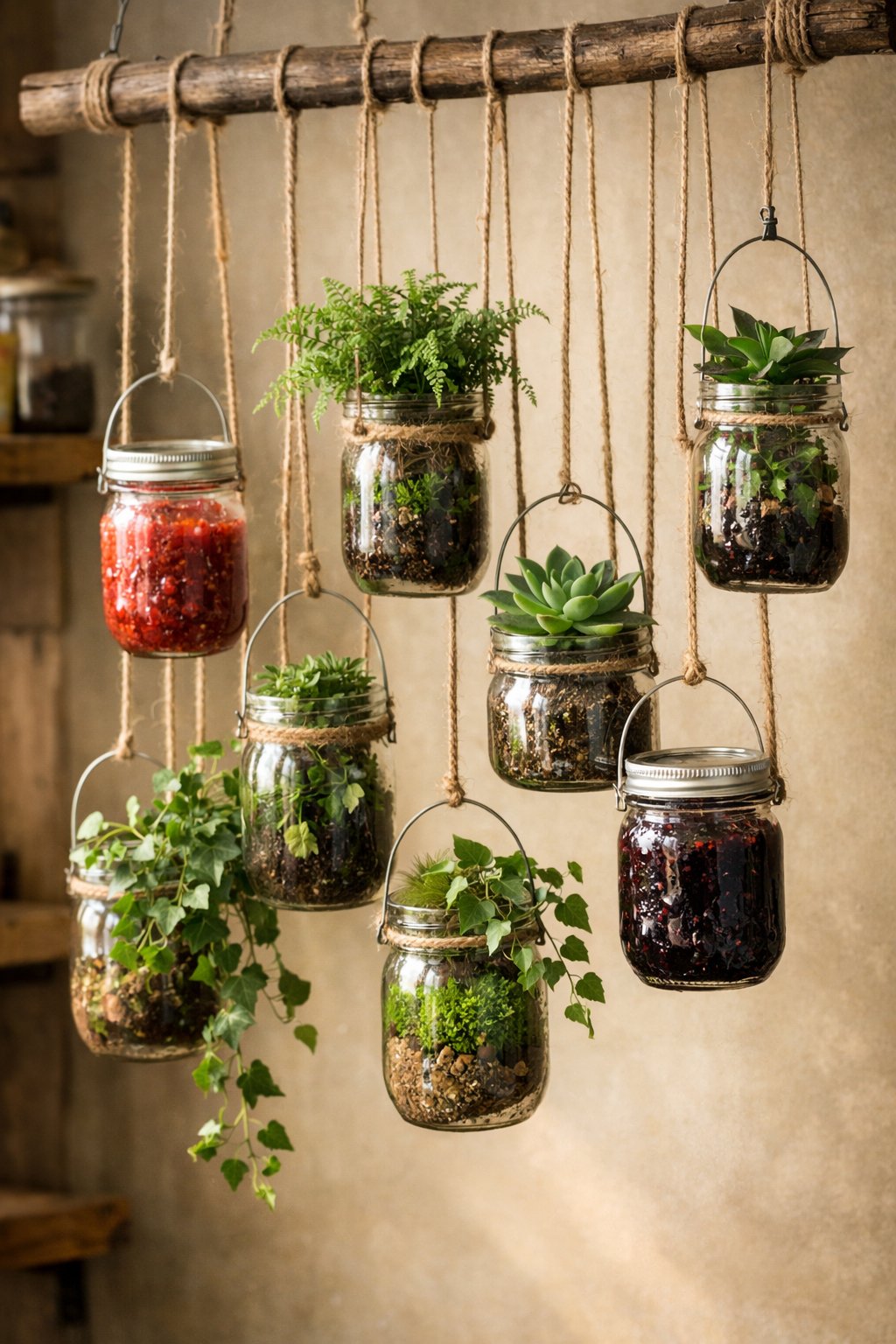 Indoor wall with hanging mason jars containing green plants and some jars filled with jam, creating a vertical garden display.