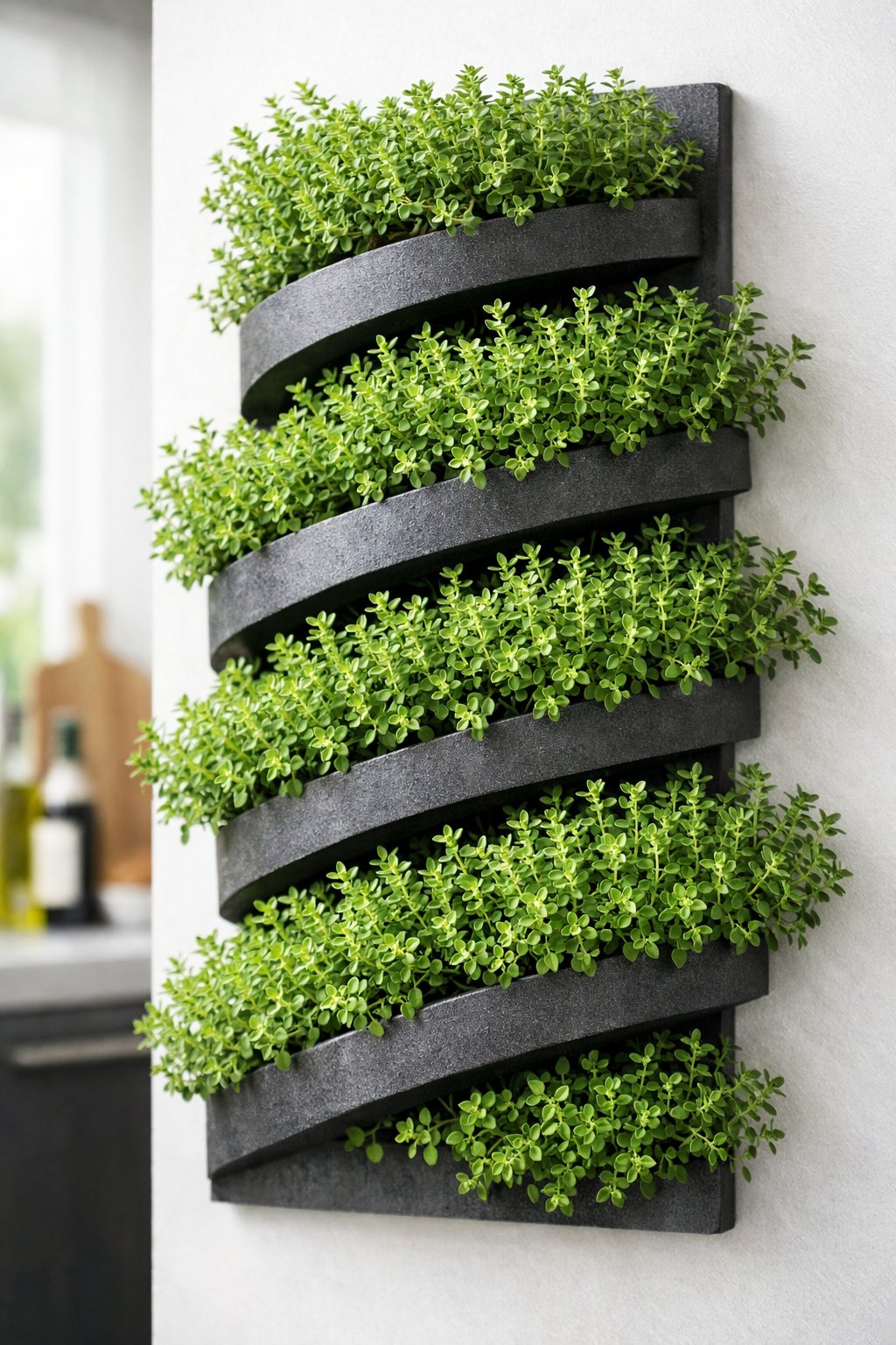 A vertical spiral wall with fresh green thyme plants growing indoors in a bright room.