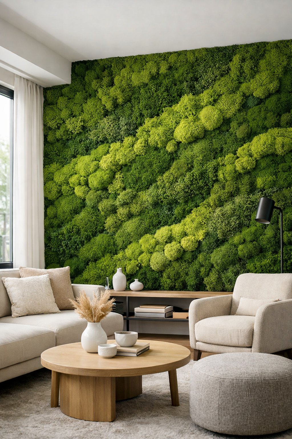 A modern living room wall covered with vibrant green moss panels resembling a natural carpet, with neutral furniture and natural light.