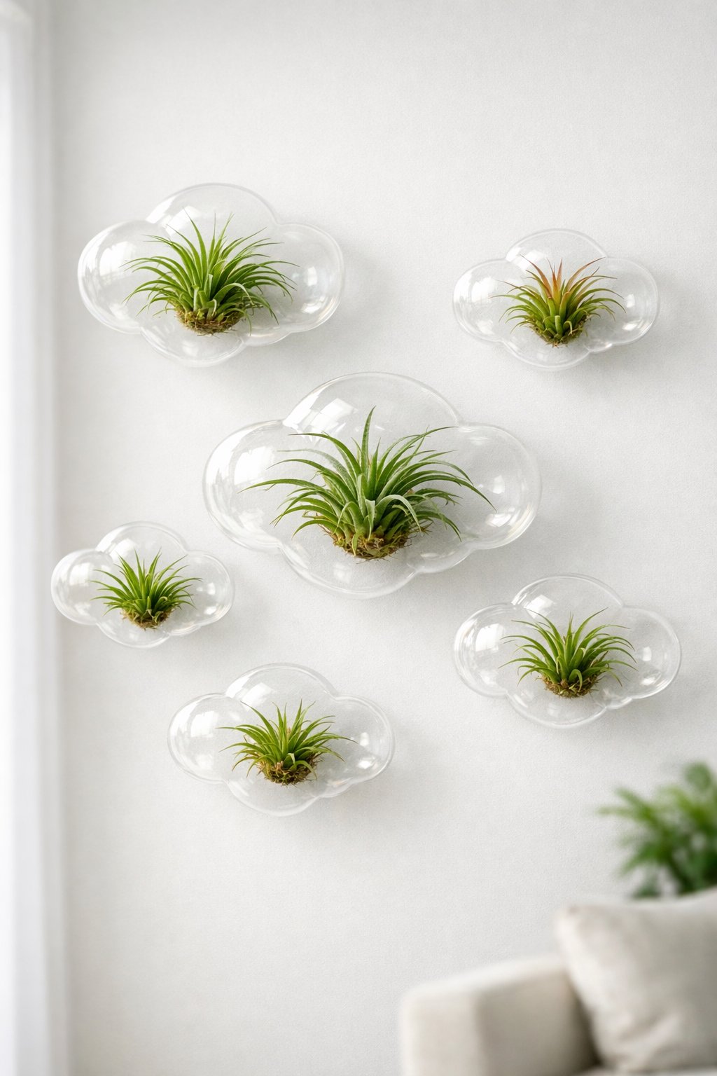 A wall with floating air plants enclosed in transparent cloud-shaped frames, mounted indoors against a white background.